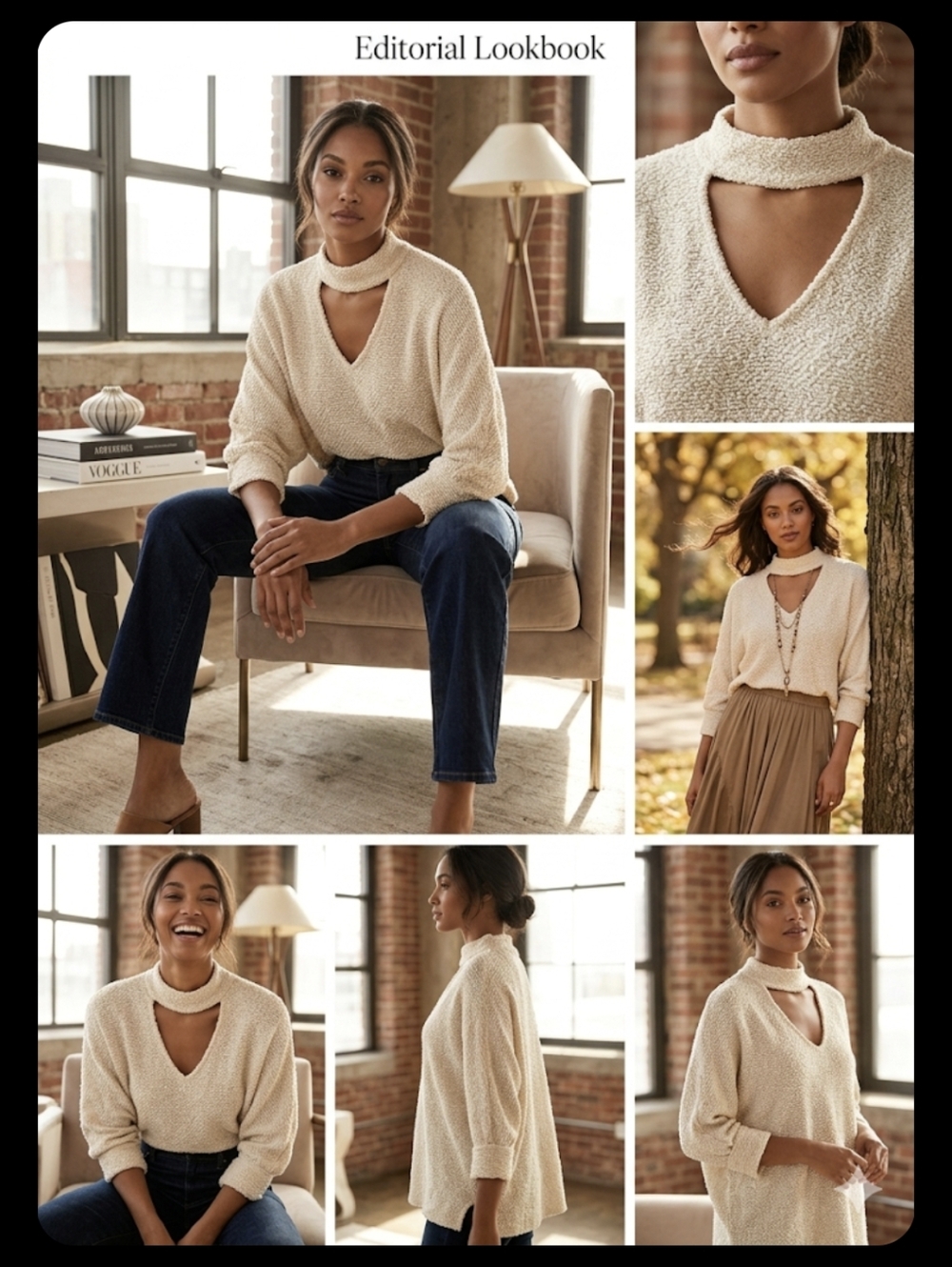 Peach Love California Cream Cutout Mock-Neck Sweater Relax Fit